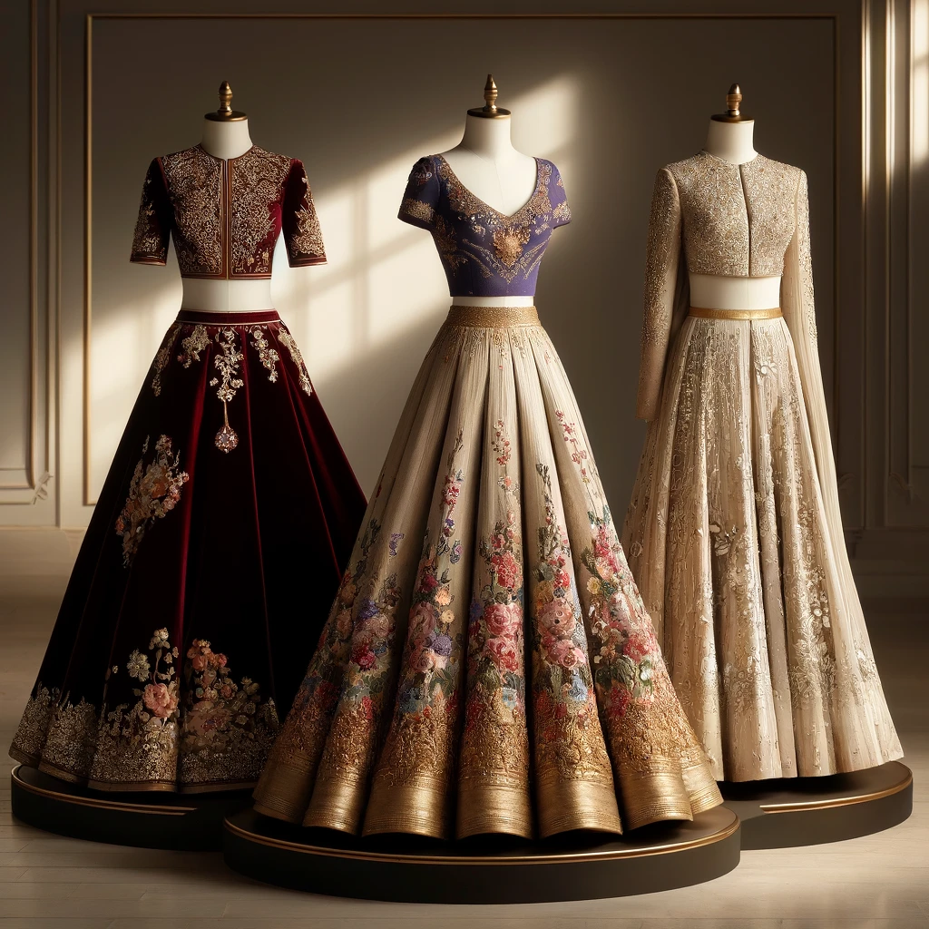 DALL·E 2024 04 27 20.47.17 Three luxurious lehengas displayed elegantly on mannequins in a sophisticated fashion setting. Each lehenga represents a unique design and color palet