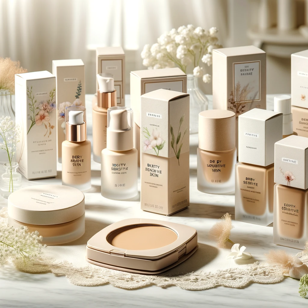 DALL·E 2024 04 29 18.53.18 A collection of various foundation bottles and compacts designed for dry and sensitive skin each with distinct packaging. Labels indicate suitability
